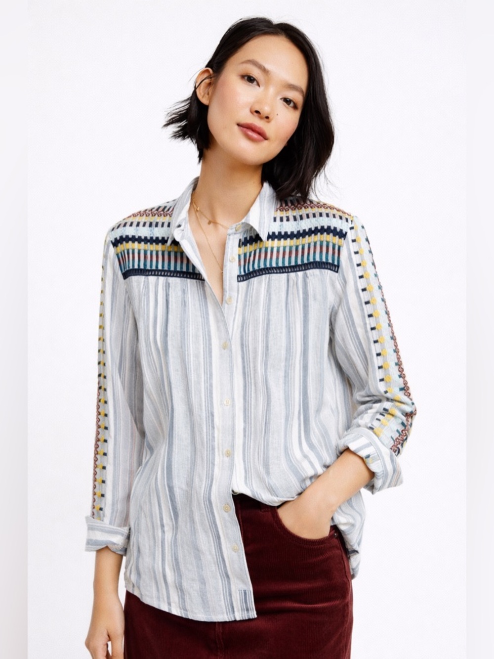 Pilcro Light Blue and White Striped Button-Down with Multicolor Embroidery